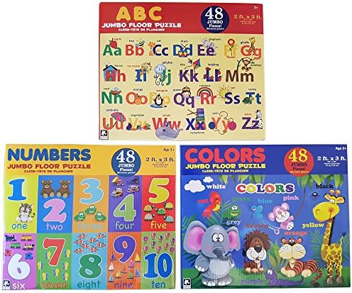 Children’s Educational Floor Puzzle Set Of 3 With Alphabet, Numbers And Colors Learning Puzzle’s, 48 Jumbo Pieces 2 ft x 3 ft, 3 Pack– by Karmin International.