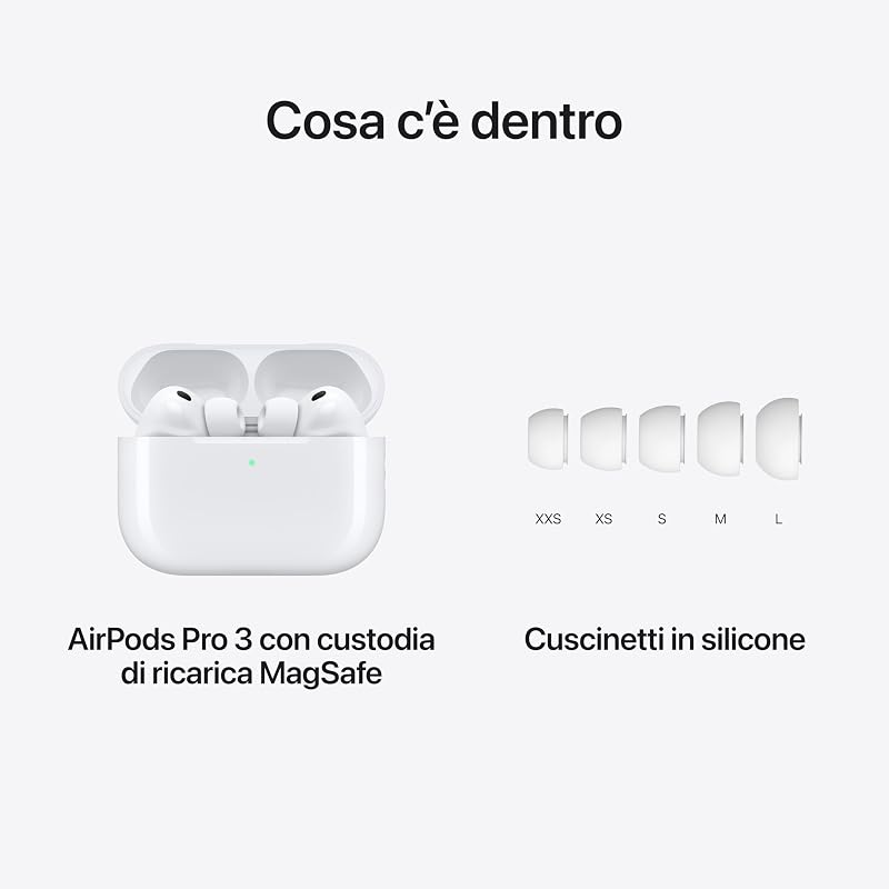 AirPods Pro 3, Cancellazione attiva del rumore, Rilevamento della frequenza cardiaca, Cuffie Bluetooth, Audio spaziale, Suono ad alta fedeltà, Ricarica USB-C​​​​​​​