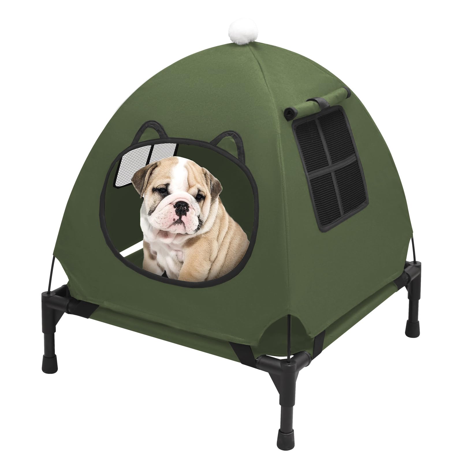Photo 1 of **MISSING BOTTOM BASE/POSSIBLY OTHER ASSEMBLY PIECES** Pozico Elevated Pet Bed with Breathable Mesh for Small Cat and Dog, Raised Cooling Pet Cot for Puppy and Kitty, 18.9x18.9 inch (Olive Green Bed with Canopy)