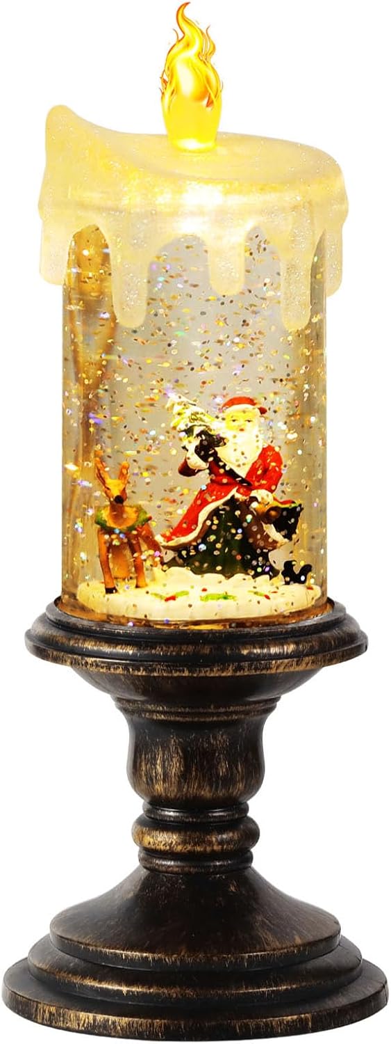 Snow Globes - KAiSnova Christmas Snow Globe Flameless Candle with 6H Timer Battery Operated Water Glittering Tornado Lamp Swirling Water Glittering Spinning Candles Santa Table Centerpiece for Home Decoration