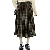 Womens Fall Long Plaid Skirt with Pockets Casual Vintage High Waisted Pleated A Line Flare Wool Tartan Winter Skirts