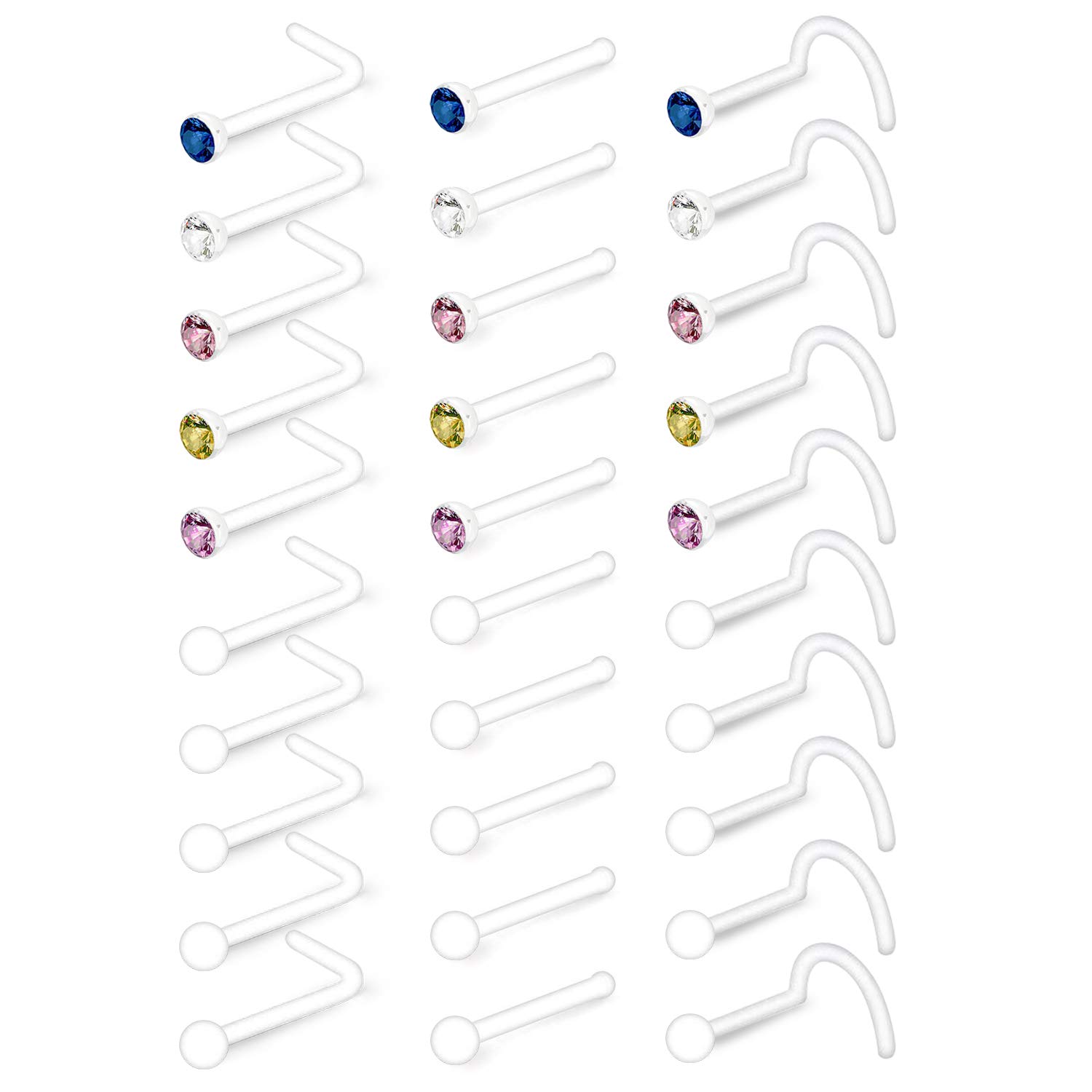 LAURITAMI 20G Clear Nose Studs Retainers Bioflex Acrylic Flexible Nose Screw Nostril Crystal Diamond Body Piercing 30pcs for school