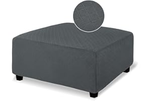 NeColorLife Ottoman Cover Square Large Ottoman Slipcover Stretch Footrest Stool Covers Furniture Protectors Washable Diamond Lattice Jacquard Fabric with Elastic Band,Large Size,Dark Grey