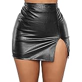 ASKHOPE Women's Faux Leather Skirt High Waisted Stretchy Bodycon Mini Skirt with Slit Short Skirts for Club Party