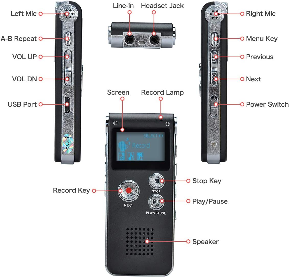 COVVY Portable Digital Voice Recorder Sound Audio Recorder Dictaphone LCD Recorder MP3 Player-8GB (Black) - Image 5