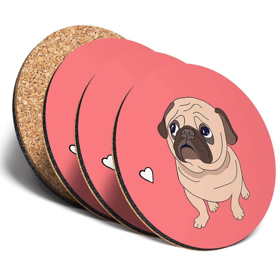 Destination Vinyl Ltd Great Coasters (Set of 4) Round - Cute Pink Pug Puppy Dog Animals Pets Drink Glossy Coasters/Tabletop Protection for Any Table Type #8372