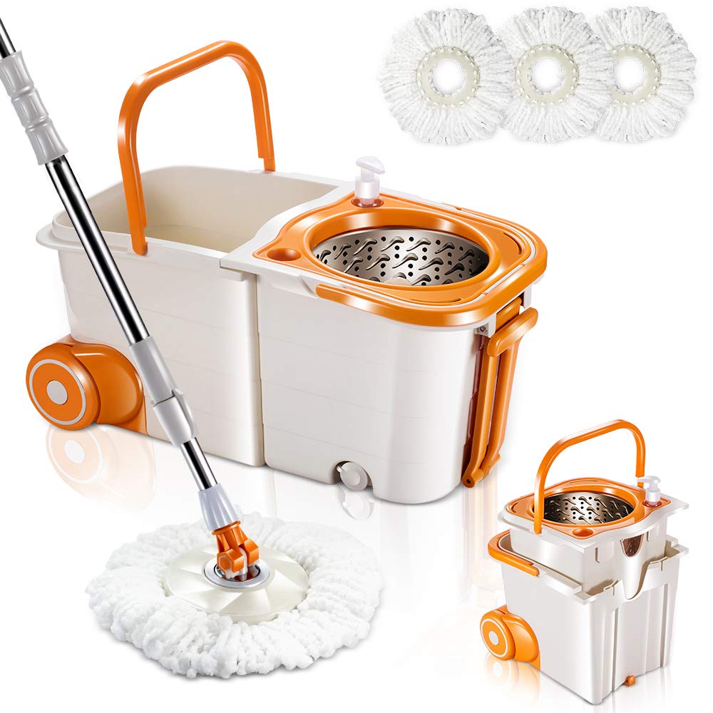 360 Spin Mop and Bucket with Wringer Set for Floor Cleaning Mops and Bucket System with Wheels and 3 Mop Pads Replacements Mop Bucket Kit with Retractable Handle