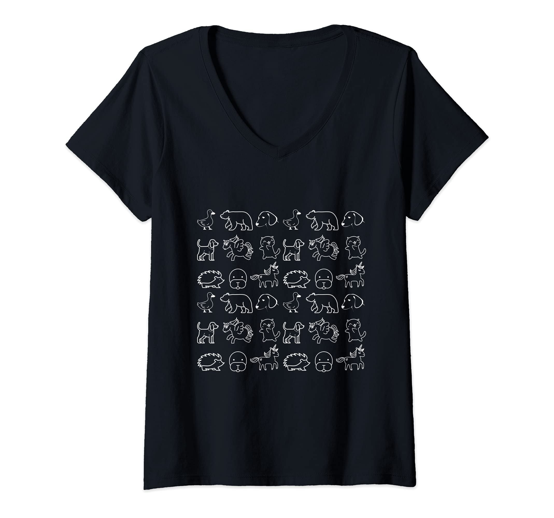 Womens Unicorn Duck Bear Dog Cat Hedgehog Cute Animals Pets V-Neck T-Shirt
