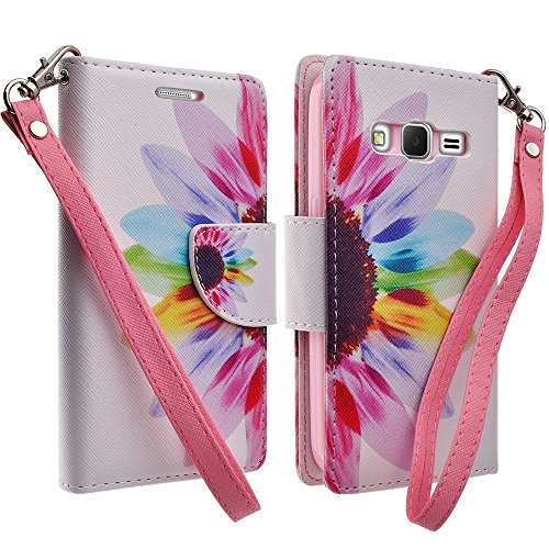 Galaxy S3 Case, Samsung Galaxy S3 Wallet Case, Wrist Strap Flip Folio [Kickstand Feature] Pu Leather Wallet Case with ID&amp;Credit Card Slot For S3 - Rainbow Sun Flower