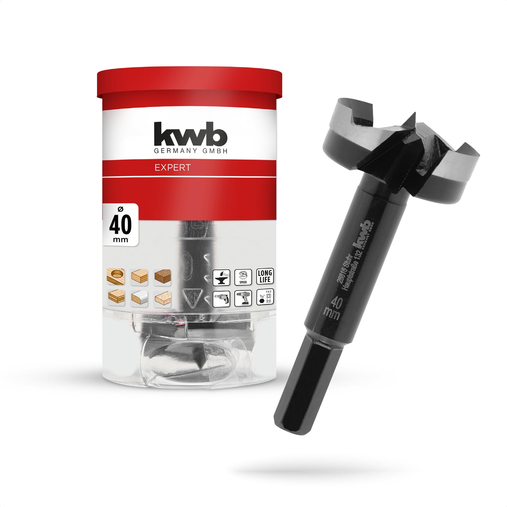 kwb Forstner Bit, Ø 40 mm, Cup Drill Bit (for Wood, Forged Drill Head, Special Grinding, Fast, Tear-Free Drill Holes, 4-Sided Ground Centre Point, Durable, for Cordless Screwdrivers & Drills)
