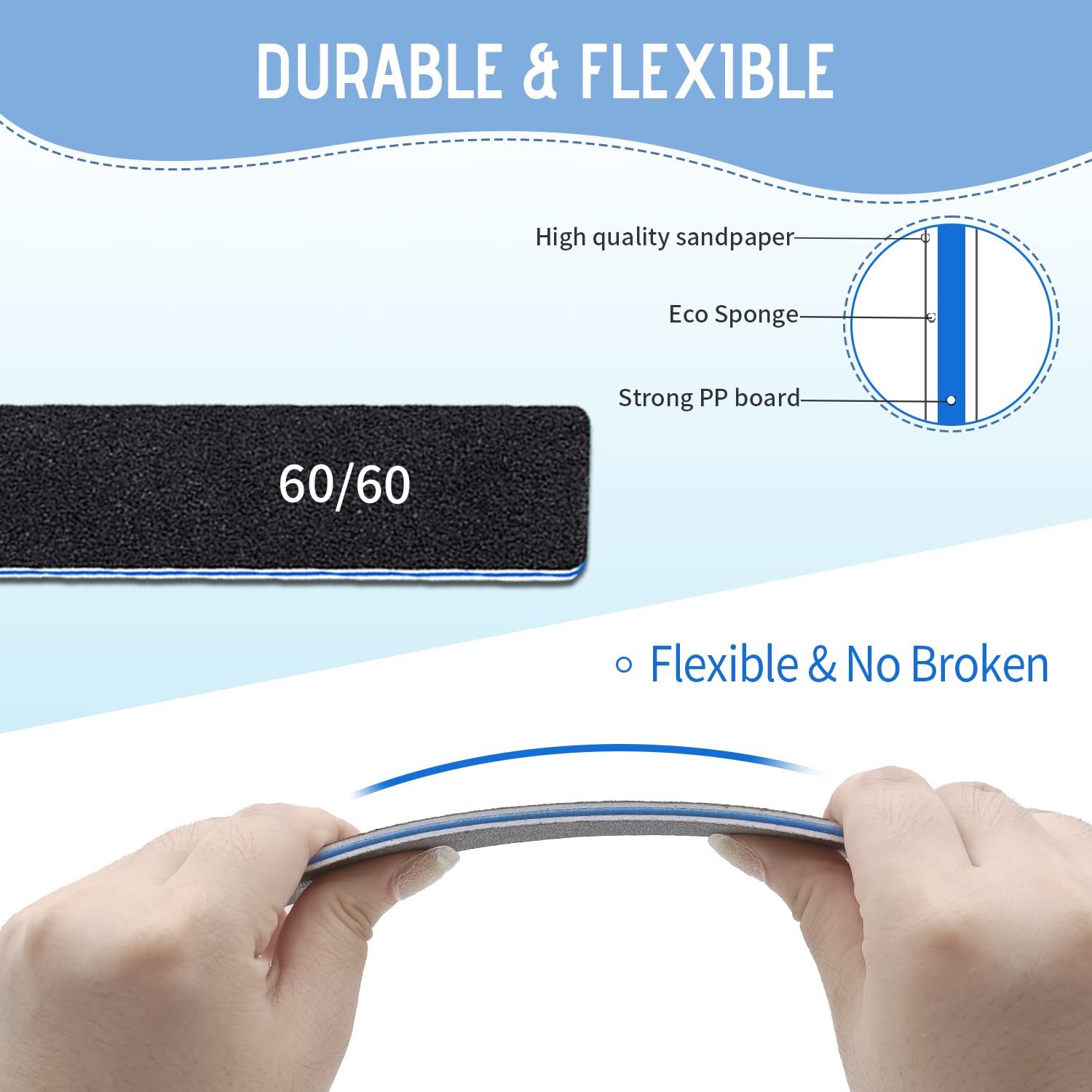 12 Pcs Professional Nail Files, 60/60 Grit Nail Files for Acrylic Nails Gel Nails, Double Sided Emery Board for Nails, Reusable & Washable Coarse Nail File for Home and Salon Use