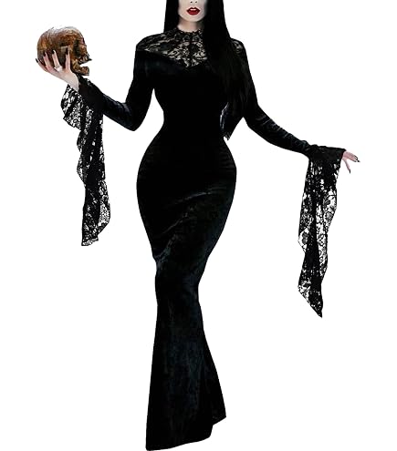 UQJE Women's Morticia Addams Costumes Plus Size Dress Gothic Black Maxi Dress Halloween Cosplay-S : Clothing, Shoes & Jewelry