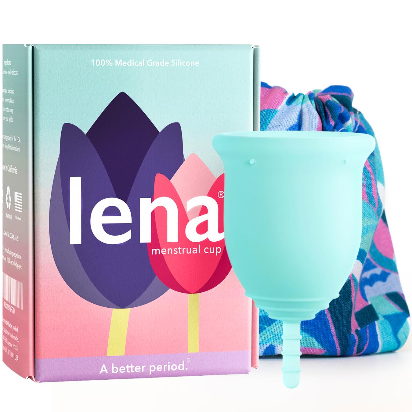 Lena Menstrual Cup Original – Reusable Silicone Period Cup for Heavy Flow, 12-Hour Leak-Free Protection, Soft & Comfortable, Beginner-Friendly Design - Large, Turquoise
