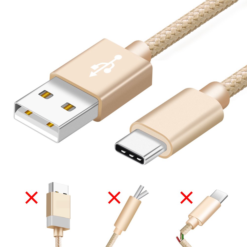 USB Type C Cable, HUNDA USB C Cable (USB 2.0) Data Sync Nylon Braided Charging Cord for Samsung GALAXY S8 S8+, Huawei P10 Mate9, Nintendo Switch and all other USB-C Devices (3.3 Feet /2 Pack, Gold)