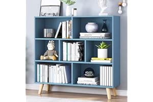 IOTXY Wooden Open Shelf Bookcase - 3-Tier Floor Standing Display Cabinet Rack with Legs, 7 Cubes Bookshelf, Bright Blue