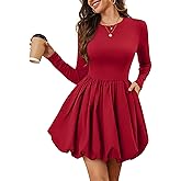 Meetjen Women's Long Sleeve Bubble Dress Short Fall Crew Neck High Waist Mini Cocktail Party Dresses with Pockets