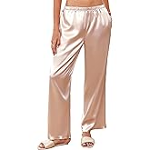 Ekouaer Womens Silk Satin Wide Leg Pajama Sleep Pants Casual Loose Soft Lounge Pants Elastic Waist Pj Bottoms with Pockets