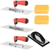 6 Pcs Tile Trowel Set, Including Stainless Steel Square Notch Trowels, Rubber Grout Float, and Grout Sponges, Multi-Size for Tile Installation, Grouting, and Cleaning