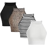 OYOANGLE Women's 4 Pack Leopard Print Crew Neck Cami Top Striped Sleeveless Crop Tank Tops