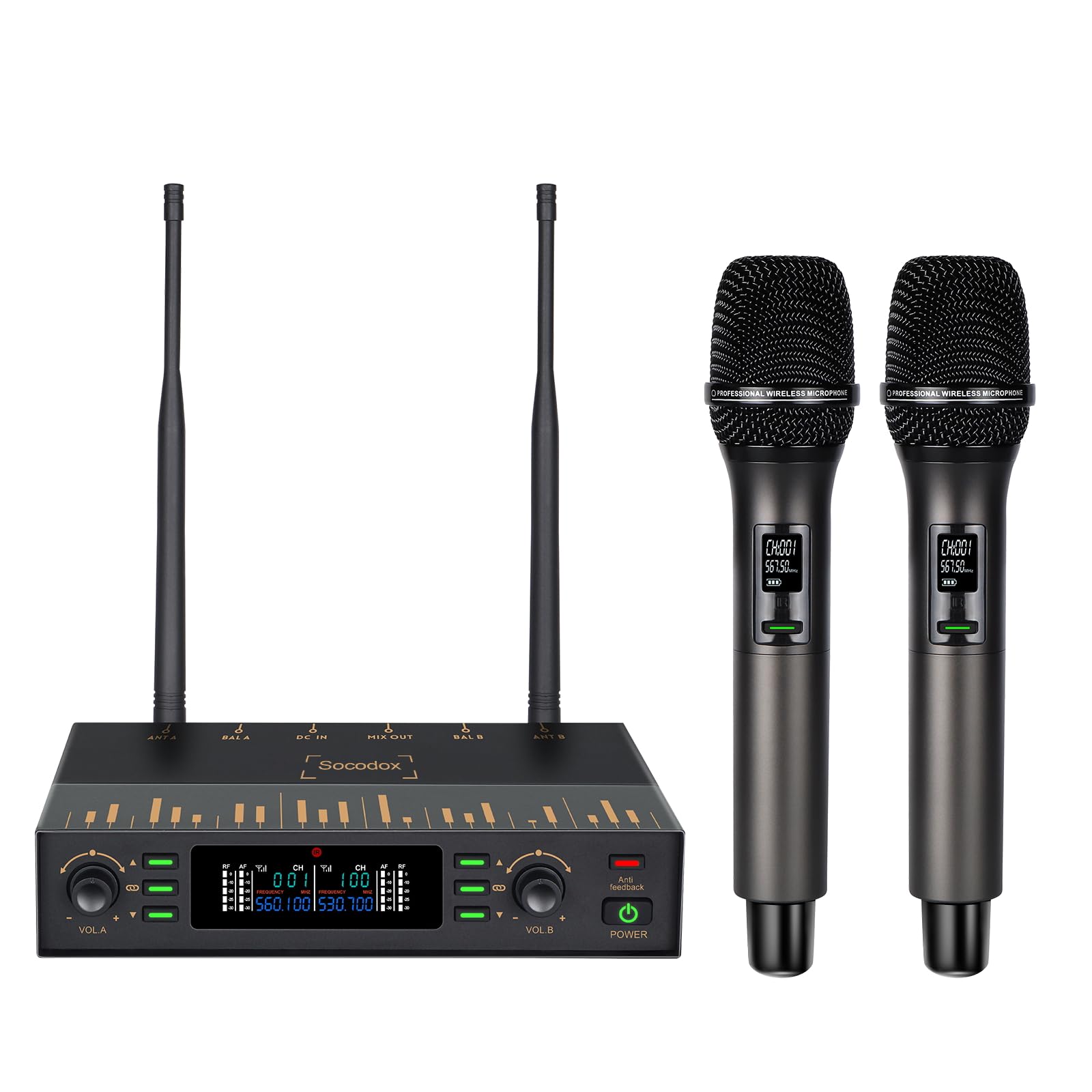 socodox UHF Wireless Microphone System, Dual Metal Handheld Dynamic Cordless Mics Set with Feedback Suppression,Auto Pair,Reverb,262ft Range for Karaoke Singing,Church,Wedding,DJ,Meeting