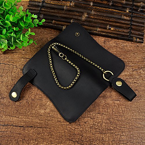 Le'aokuu Mens Genuine Leather Bifold Wallet Organizer Checkbook Iron Chain (The Black)