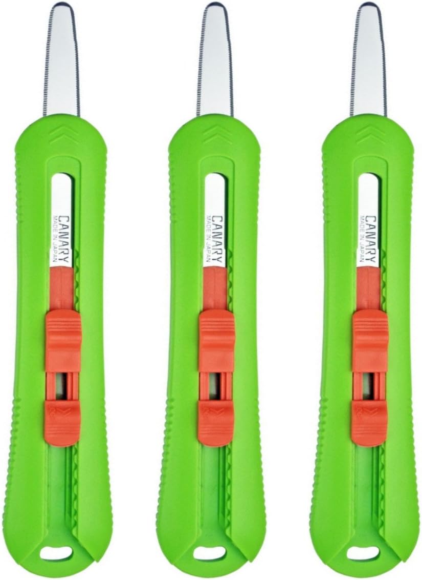 Canary Japanese Cardboard Cutter BUTSURYUKUN Double Sided Blade Stainless Steel Blade with Storing Function Long Type Green Grip, 3 Value Set