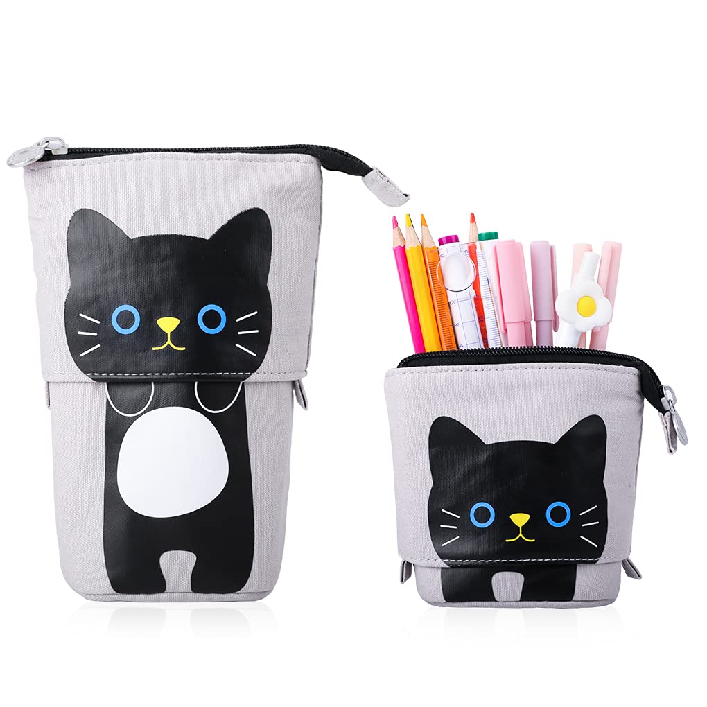 Oyachic Telescopic Pencil Case Pencil Holder Canvas Roll-Up Pencil Wrap Cat Pattern Cosmetic Storage Bag Pencil Case with Zip for School Office Art (Grey and Black)