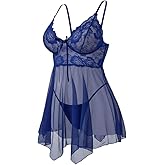 LYNVEBYA Women's Lingerie Sexy Lace Babydoll Mesh Chemise Nightgown Boudoir Sleepwear with Panty