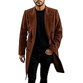 PASLTER Mens Trench Coat Mid Long Double Breasted Slim Fit Peacoat Notched Lapel Winter Business Overcoat