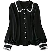GORGLITTER Women's Plus Size Button Up Peasant Blouse Floral Trim Lantern Long Sleeve Dressy Business Casual Shirts Top