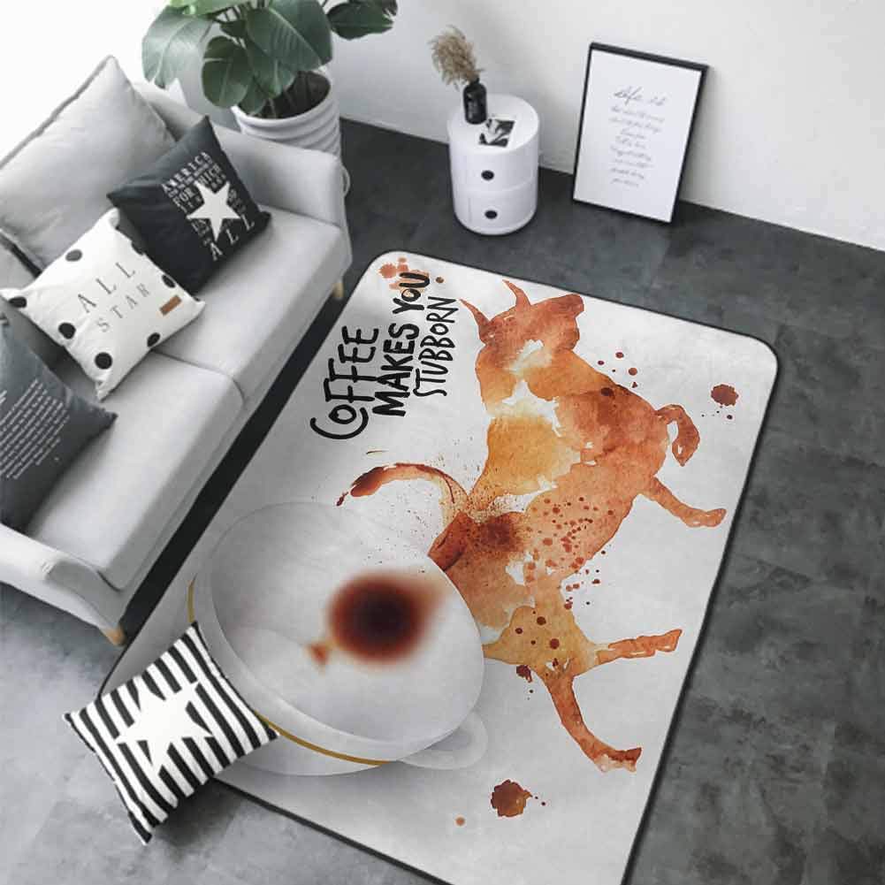 Front Mat Home Decorative Carpet Colorful Coffee Art,Dirty Look with Stubborn Animal Bull Figure and Espresso Splashes,Burnt Sienna Black White 80"x 96" Silky Smooth Bedroom Mats