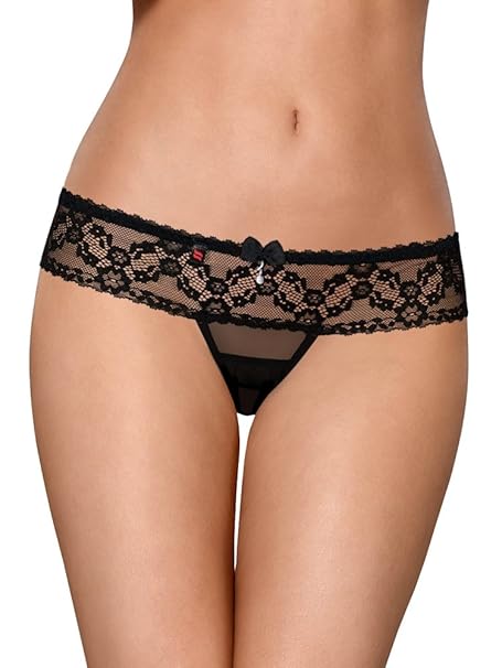 Obsessive verführerischer Ouvert-String in Einer Kombination aus weichem Netz und Blüten-Spitze, schwarz