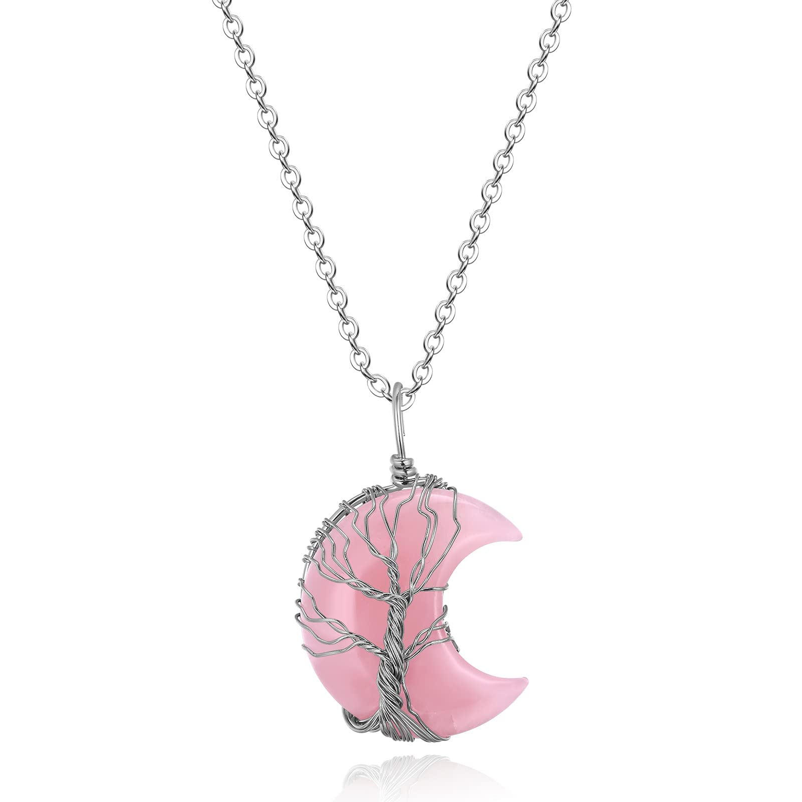 Thajaling Tree of Life Pendant Wire Wrapped Crescent Moon Necklace Crystal Reiki Healing Stone Necklaces Natural Gemstone Quartz Jewelry Gift for Women Girls
