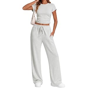 LanGui 2 Piece Sets for Women Summer 2026 Lounge Set Side Ruched Top and Wide Leg Pants for Airport Travel Vacation Outfit