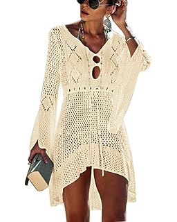 Femme Robe De Plage Blanc Detelle Crochet Col V Manche
