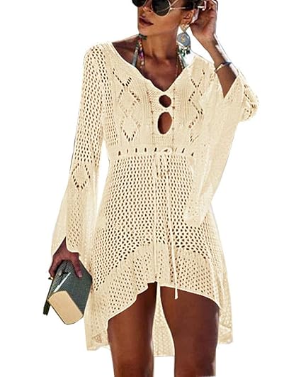 Walant Femmes Robe De Plage Manches évasées Maillot De Bain Sexy Tricot Ajouré Au Crochet Taille Tunique Cache Maillots Bikini Poncho Blouse été Cover