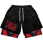 GORGLITTER Men's 2 in 1 Anime Graphic Gym Shorts Quick Dry Drawstring Mesh Athletic Running Shorts with Liner