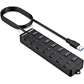 USB hub,7 Port USB 3.0 Hub,VEMONT USB Splitter with Individual On/Off Switches and Lights, 4ft/1.2m USB HUB Long Cable, USB Extension for Laptop and PC Computer