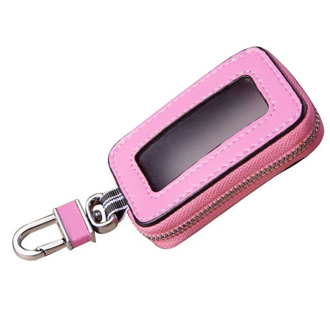 Esdrem Unisex Genuine Leather Car Key Holder Zippered Key Chain Case Pouch with Clear Window Pink