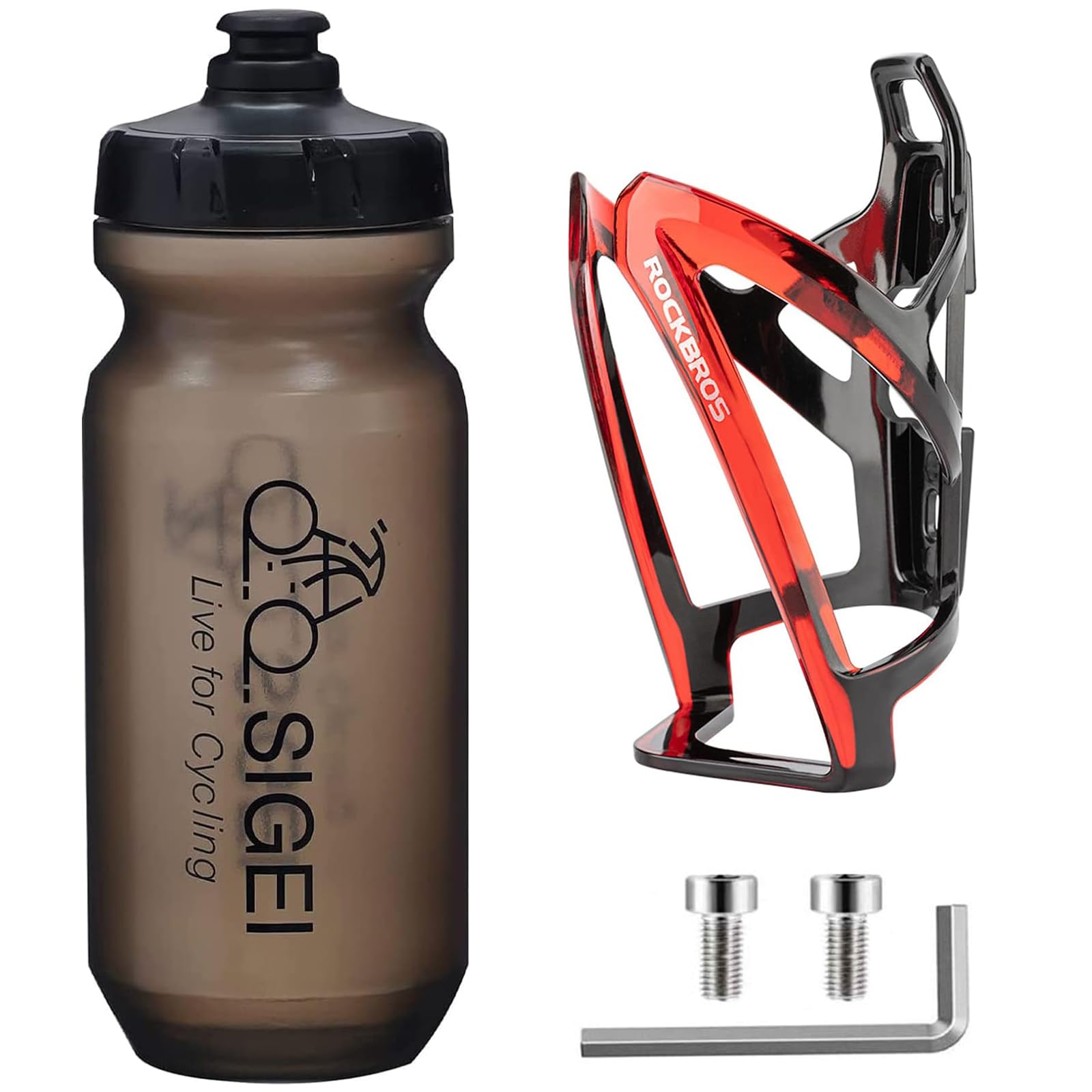 OSIGEI Bike Water Bottle Cage and 21OZ/610ML Bike Water Bottle Set Lightweight Bike Bottle Holder with Screws - Premium BPA Free Sports Bottle for Road Mountain and Kids Bikes