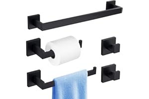 5-Piece Black Bathroom Hardware Accessories Set - 60cm/24inch Towel Bar, Toilet Paper Holder, 27cm Hand Towel Holder, 2 Robe 