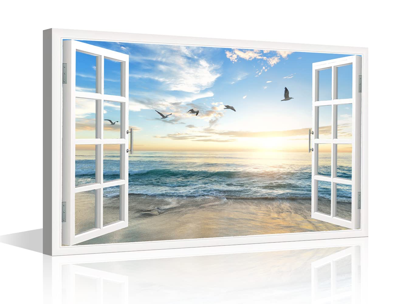 TISHIRON Beach View 3D Window Effect Canvas Art Sunset Beach Blue Ocean Art Large Modern Artwork Canvas Prints for Living Room Office Bedroom Posters Prints Framed Ready to Hang - 24" W x 16" H