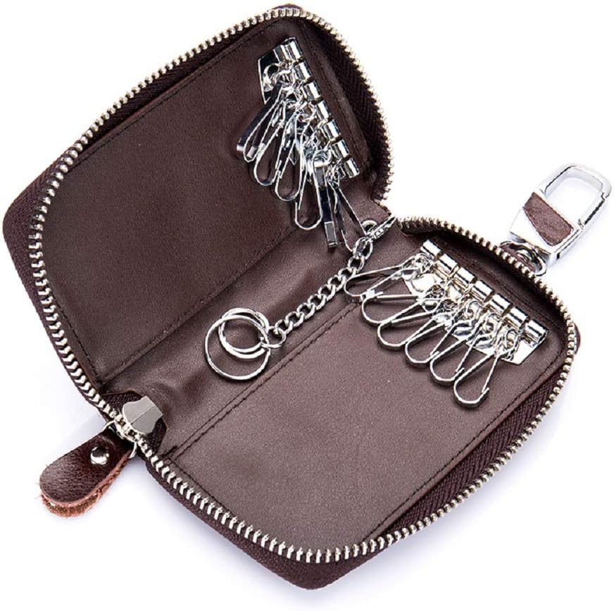 Leather Key Wallet Credit Holder Case Zip Keychain Bag with 12 Hooks for Men Women (Coffee)