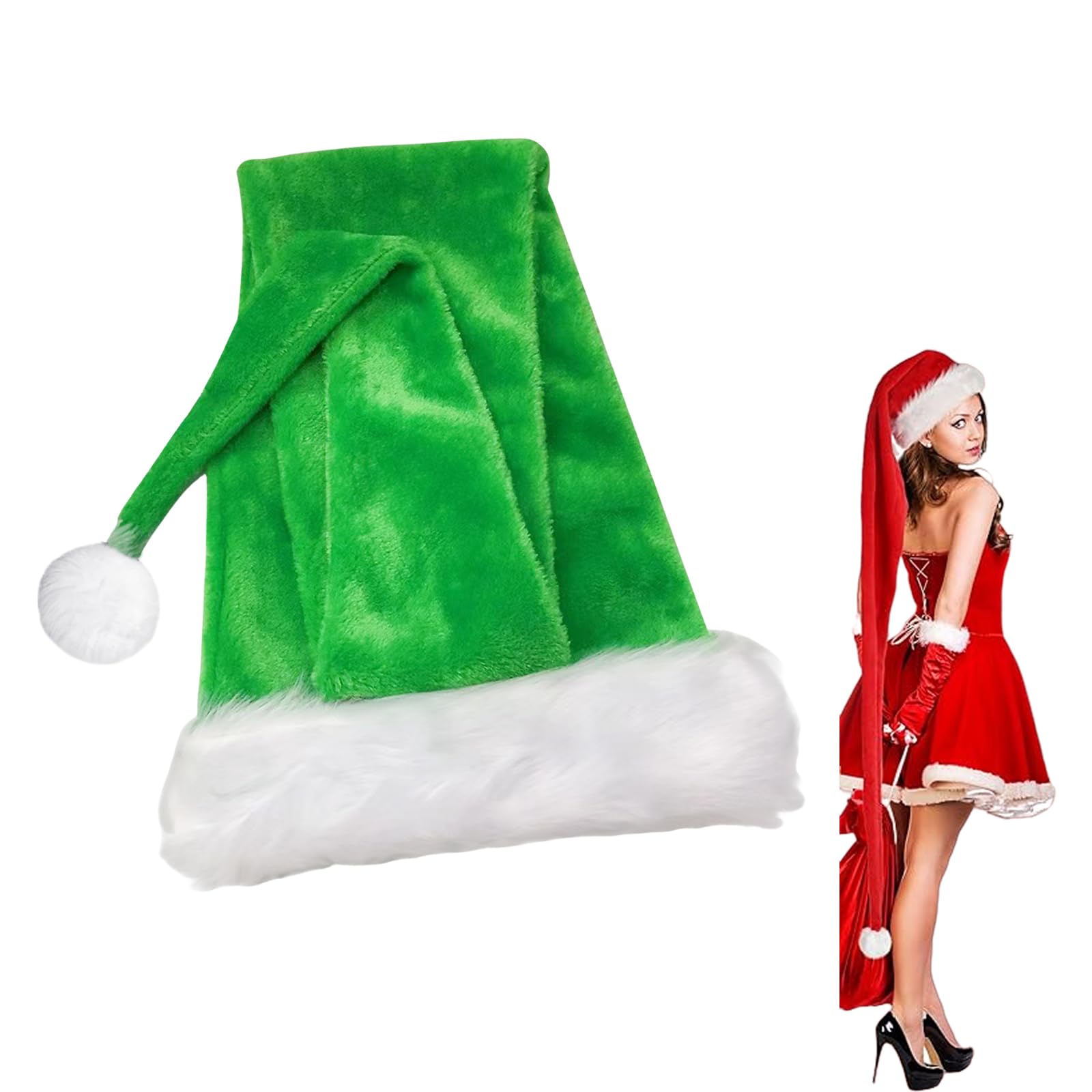 Extra Long Green Santa Hat 30 * 150cm for Kids, Adults - Classic Xmas Plush Santa Claus Costume, Unisex Velvet Father Christmas Cap for New Year Party