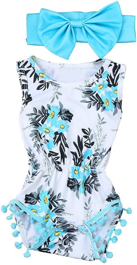 Kingko ®Newborn Toddler Kid Baby Girl Print Romper Jumpsuit Sunsuit+Headband Clothes Set Summer Girls flower print pom-pom dress (Blue)