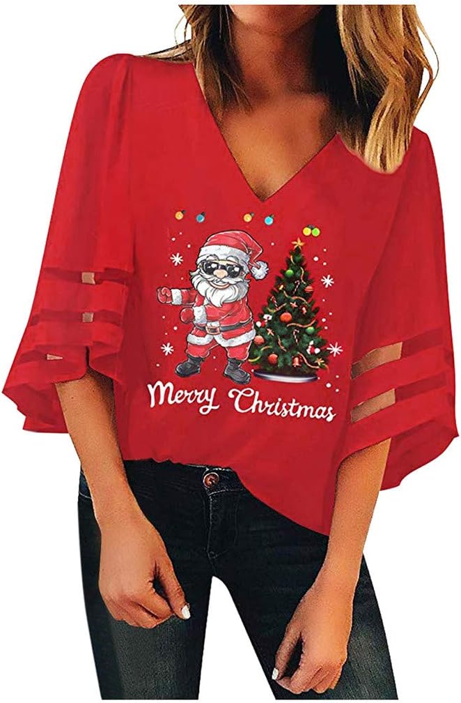 ANJUNIE Women's V-Neck Mesh Shirt Trumpet Sleeves Loose Christmas Wrap Top Blouse Sweatshirt