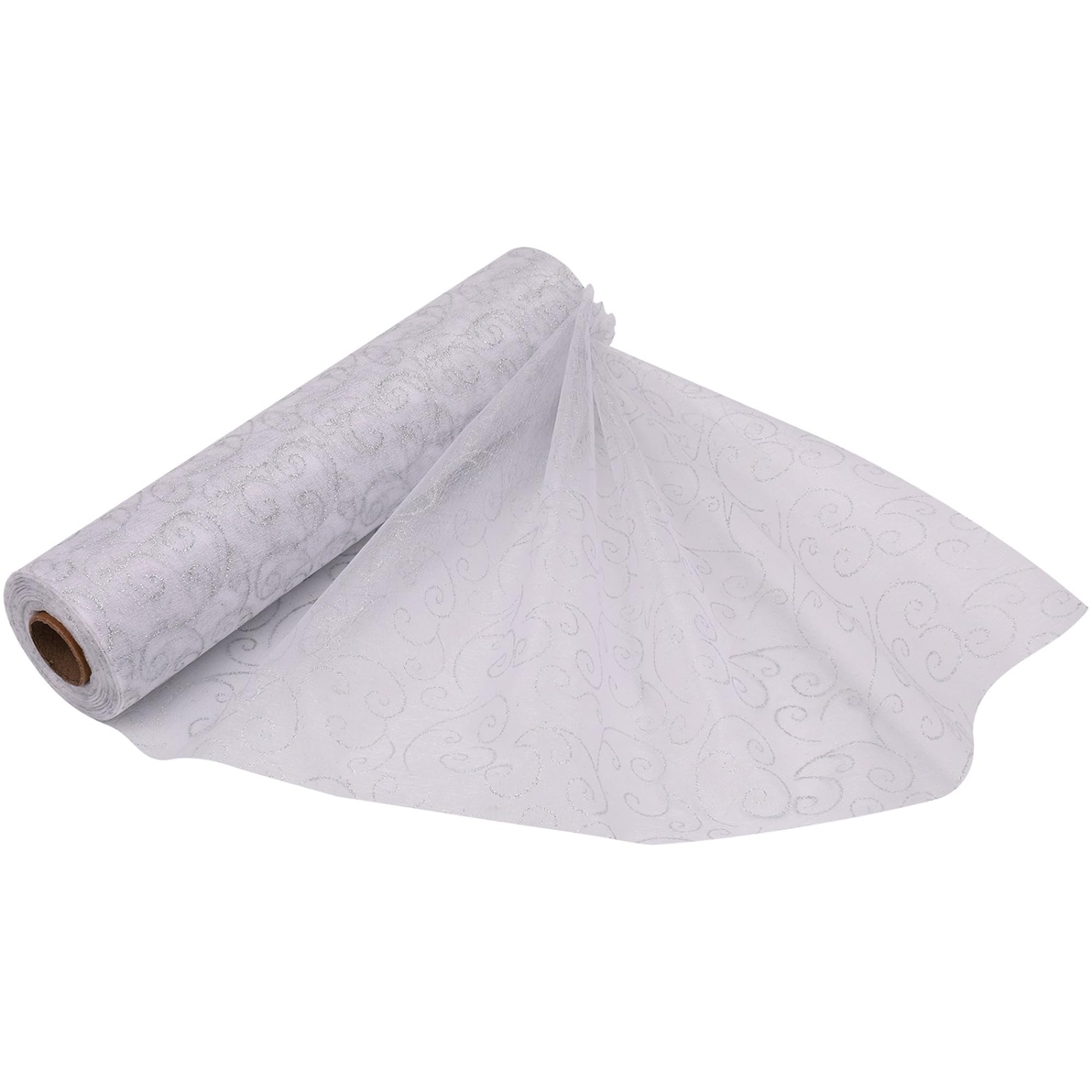 25m x 29cm Organza Roll Sparkle Snow Sheer Glitter Fabric with Flocked Swirl Design for Wedding Venue, Chair Bow Sash, Table Runner, Xmas Tree, Christmas Wreath, Gift Wrapping, Party Decoration, White