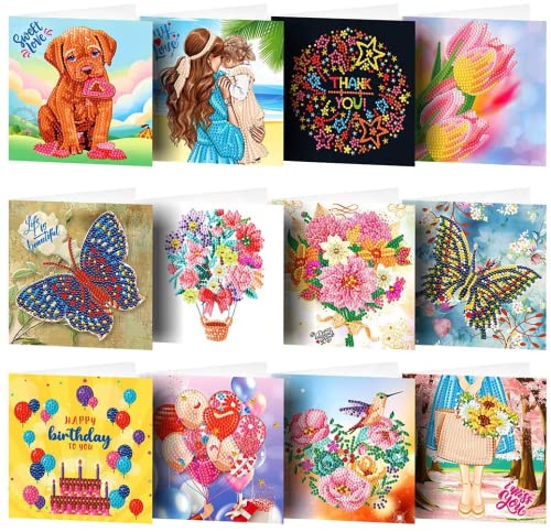 ycyingcheng Handmade 3D Floral Diamond Painting Greeting Card Kit, Diamond Thank You Cards for Mother's Day Card Anniversary Teacher's Day Birthday, 12PCS