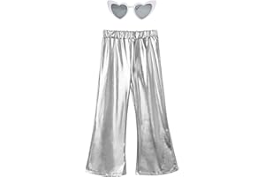 Perfashion Girls' Shiny Metallic Flared Pants Festival Dance Pants Disco with Sunglasses Wide Leg Trousers 6-15 Years