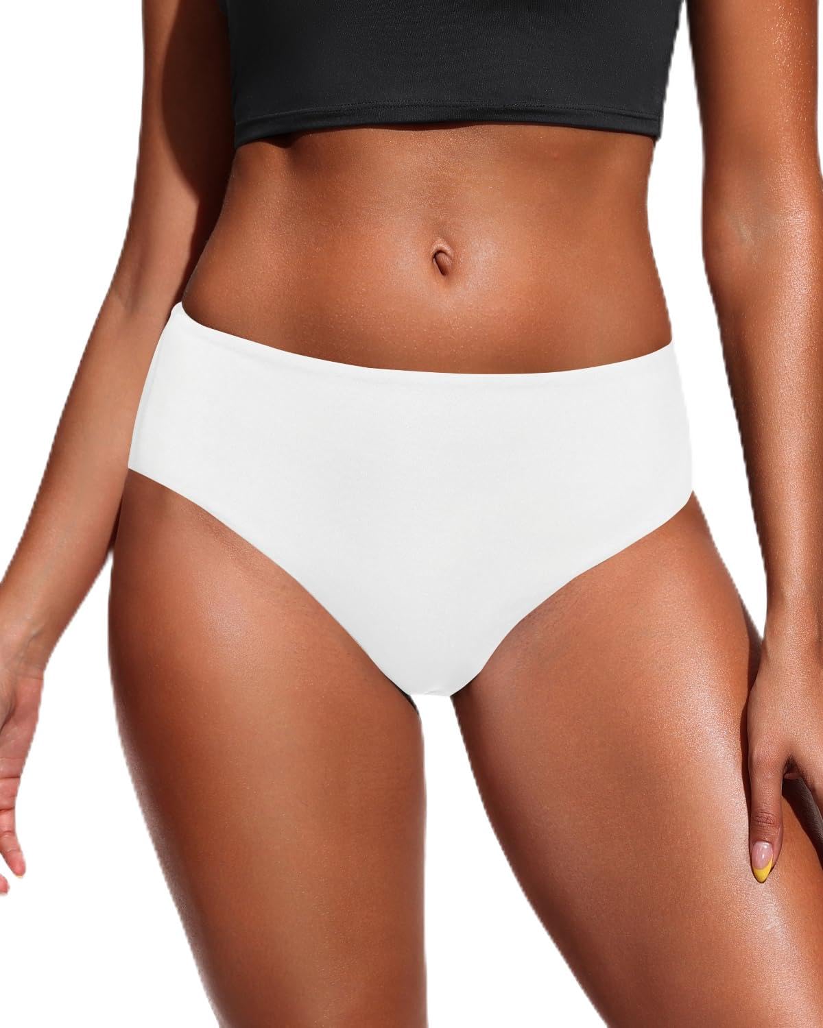 Photo 1 of Tempt Me Women Mid Rise Bikini Bottoms - White Full Coverage Bathing Suit Bottoms Mid Waist Swim Bottoms 2025 M